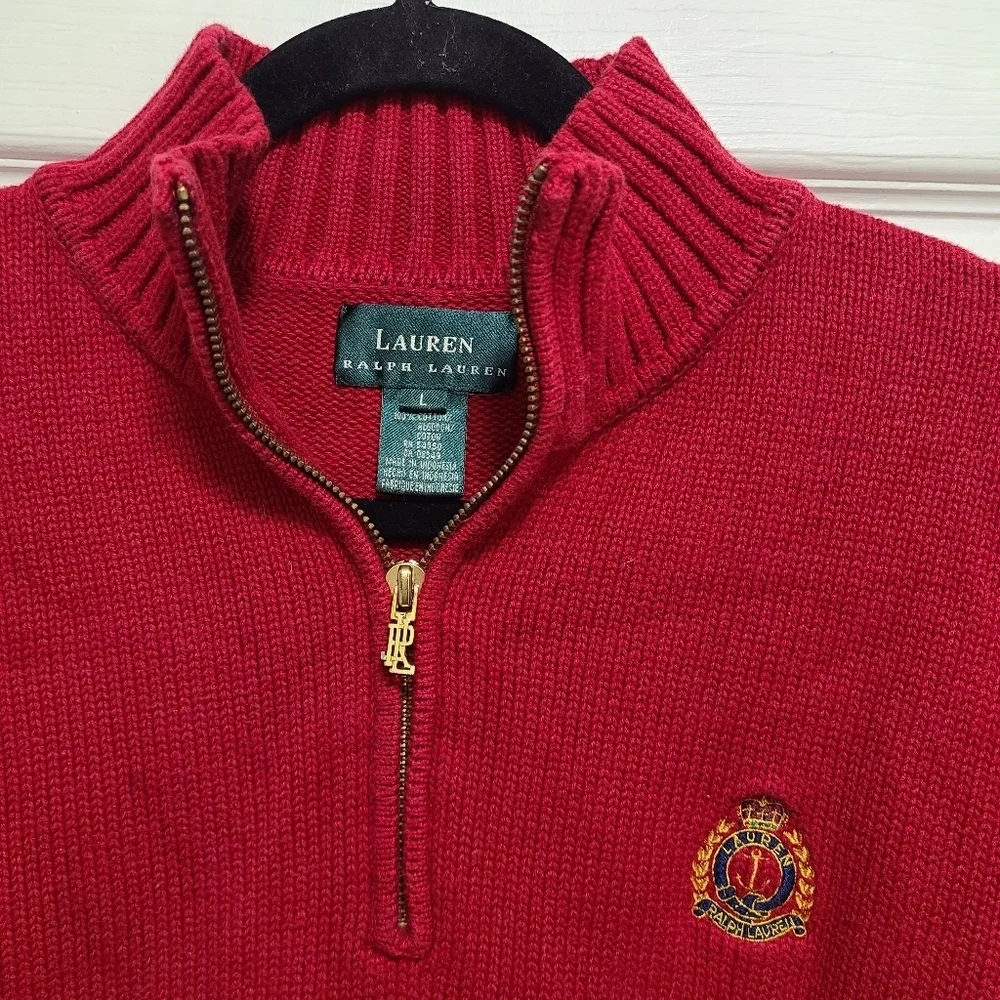 Lauren Ralph‎ Lauren Cotton Long Sleeve Crest Red Sweater Mens Large VTG EUC